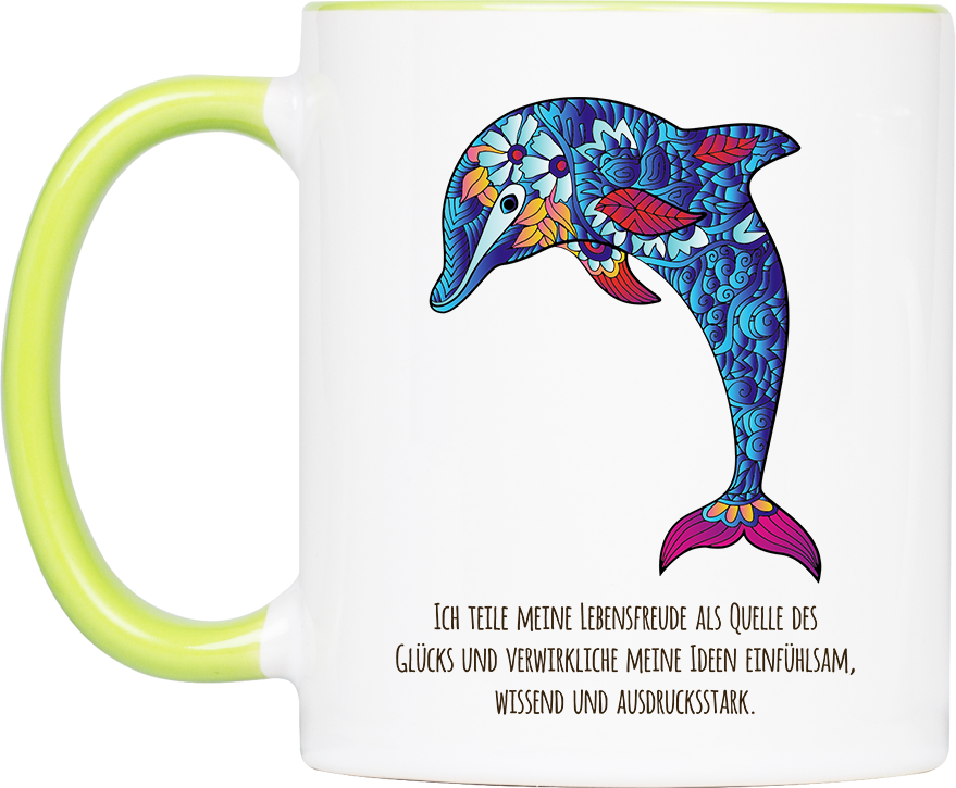 Tasse Krafttier Delfin „Lebensfreude teilen“ (330, 340, 450 ml / mit od. ohne Spruch)